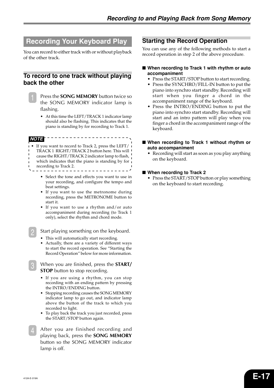 E-17, Recording your keyboard play | Casio Privia PX-100 User Manual | Page 19 / 31