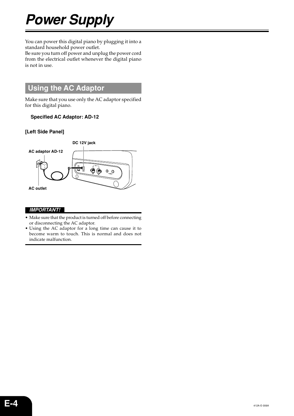 Power supply, Using the ac adaptor | Casio Privia PX-100 User Manual | Page 6 / 31