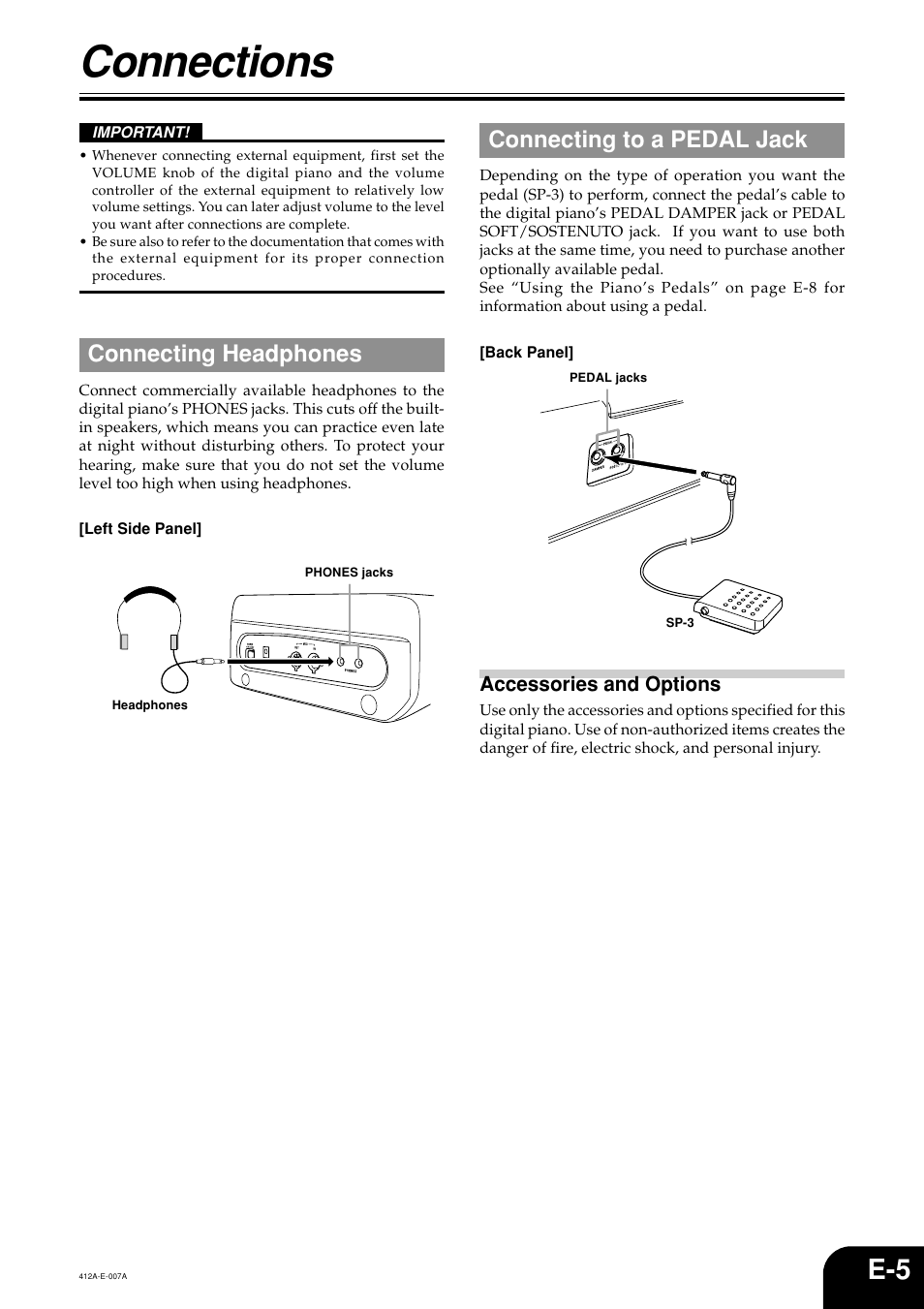 Connections, Connecting headphones, Connecting to a pedal jack | Casio Privia PX-100 User Manual | Page 7 / 31