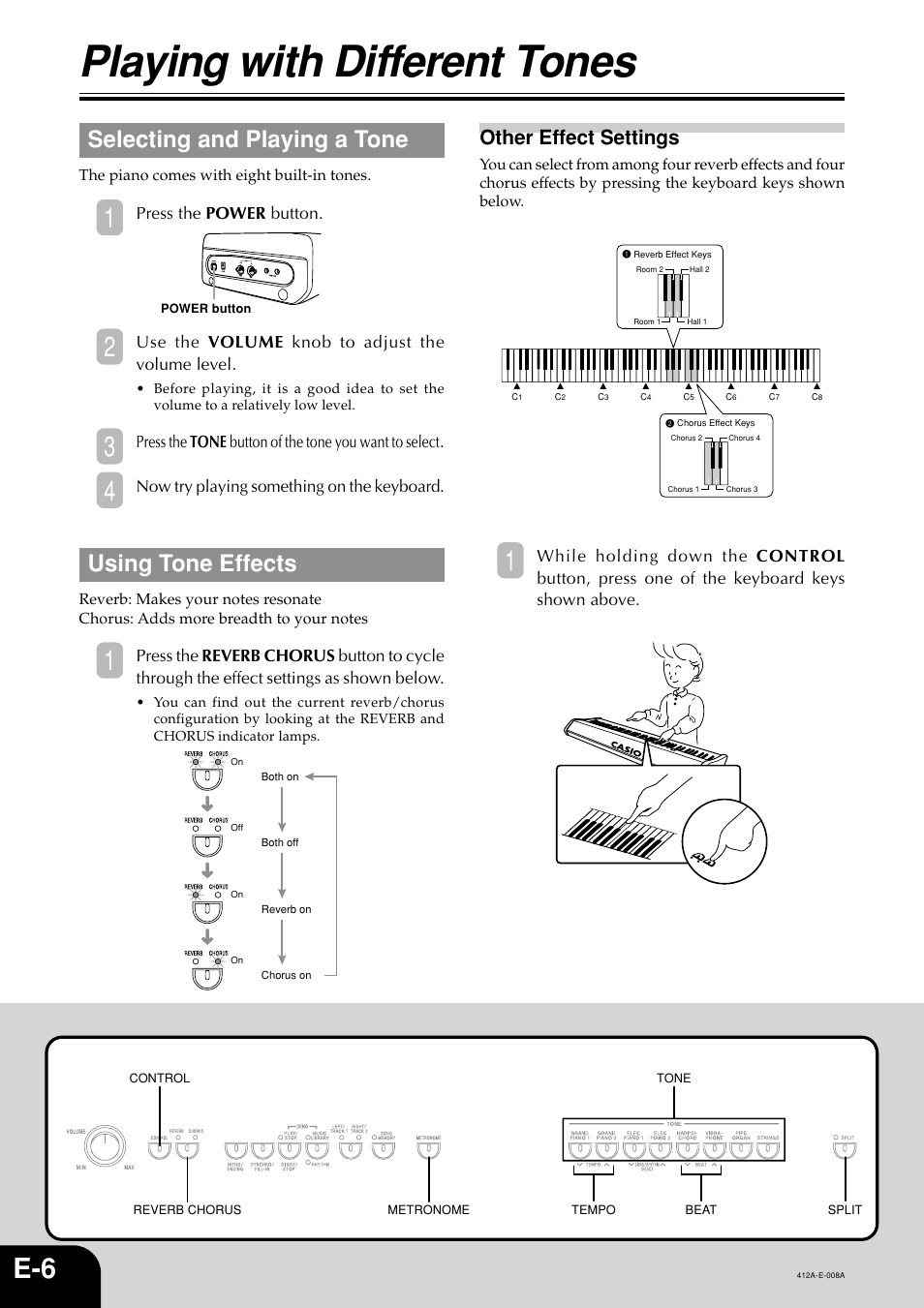 Playing with different tones, Selecting and playing a tone, Using tone effects | Other effect settings, Press the power button, Use the volume knob to adjust the volume level, Now try playing something on the keyboard | Casio Privia PX-100 User Manual | Page 8 / 31