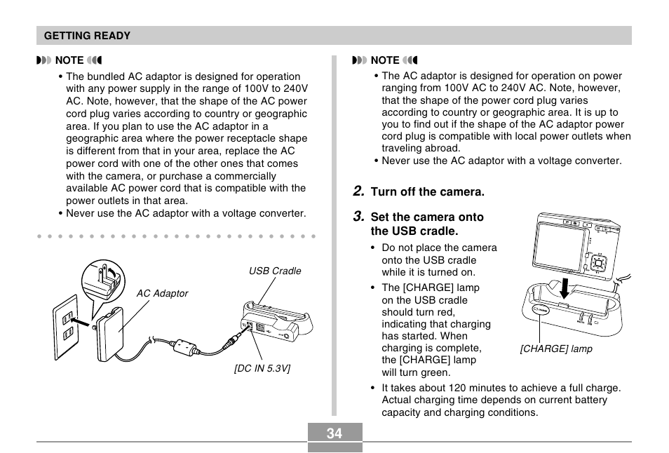 Turn off the camera, Set the camera onto the usb cradle, Getting ready | Usb cradle ac adaptor [dc in 5.3v] [charge] lamp | Casio EX-S500 User Manual | Page 34 / 235