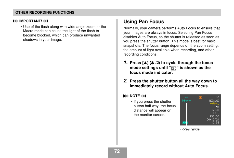 Using pan focus | Casio EXILIM EX-Z55 User Manual | Page 72 / 208