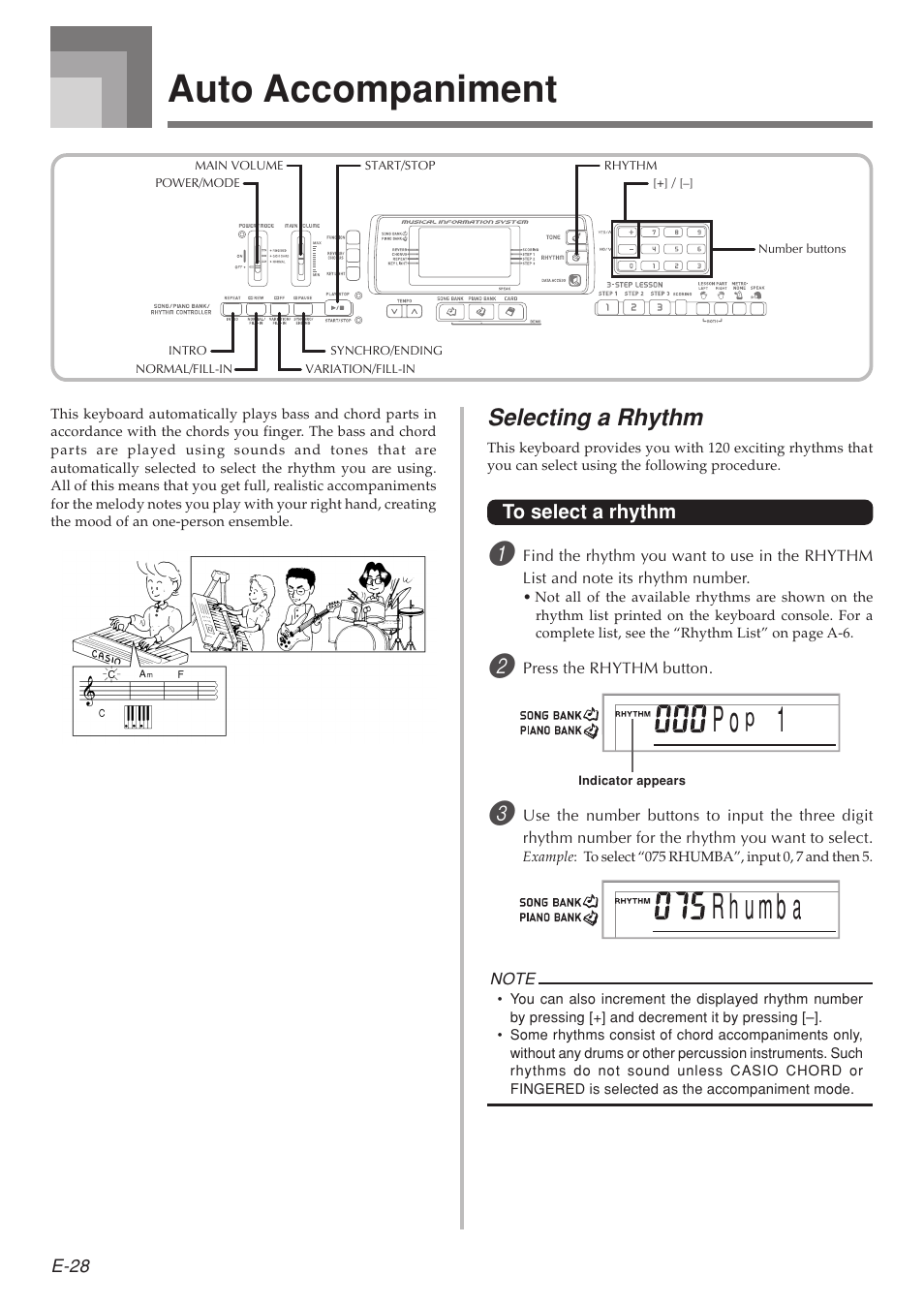 Auto accompaniment, Selecting a rhythm | Casio LK210/215ES1A User Manual | Page 30 / 59