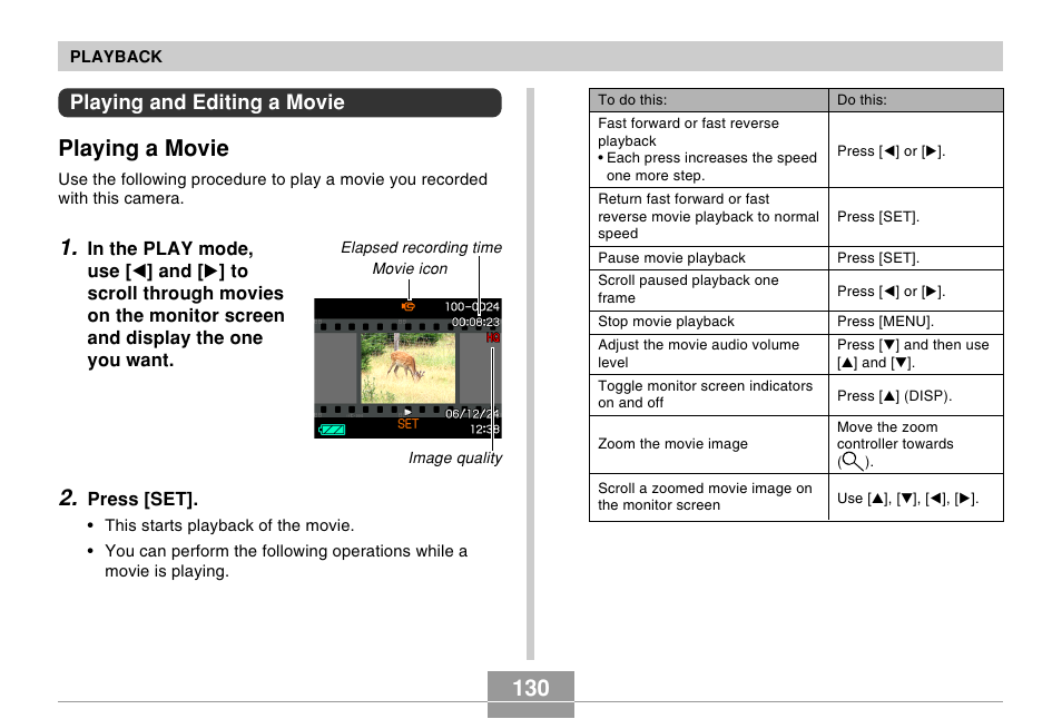 Playing and editing a movie, Playing a movie | Casio EX-Z600 User Manual | Page 130 / 238