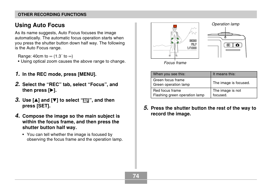 Using auto focus, 74 using auto focus | Casio EX-Z600 User Manual | Page 74 / 238