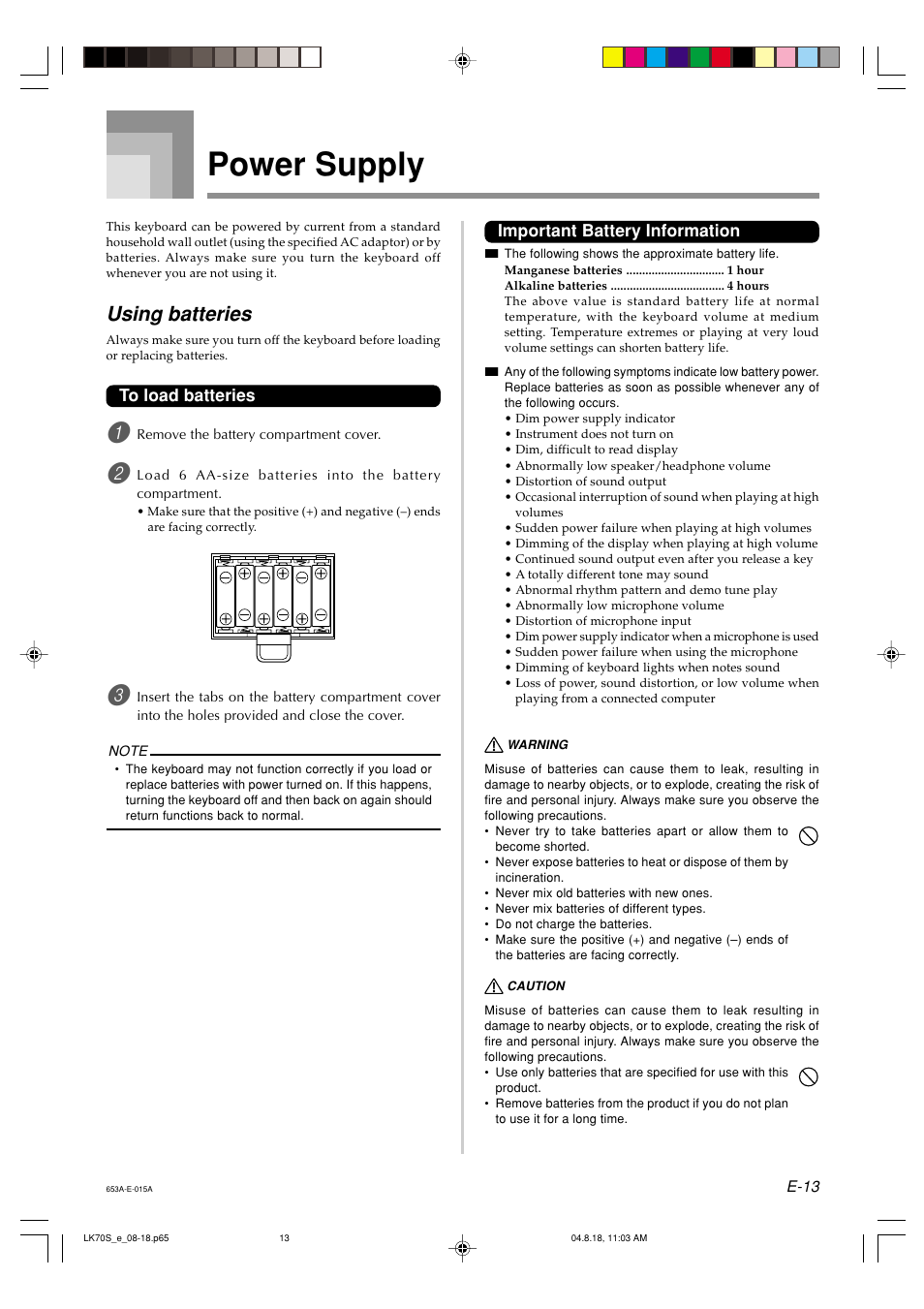 Power supply, Using batteries | Casio LK70S User Manual | Page 15 / 59