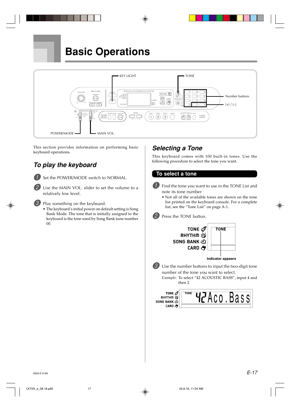 Ac o . ba s s, Basic operations, Selecting a tone | Casio LK70S User Manual | Page 19 / 59