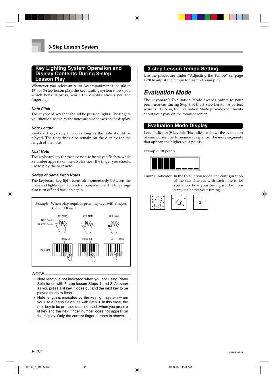 Evaluation mode, Step lesson tempo setting, Evaluation mode display | E-22 3-step lesson system | Casio LK70S User Manual | Page 24 / 59