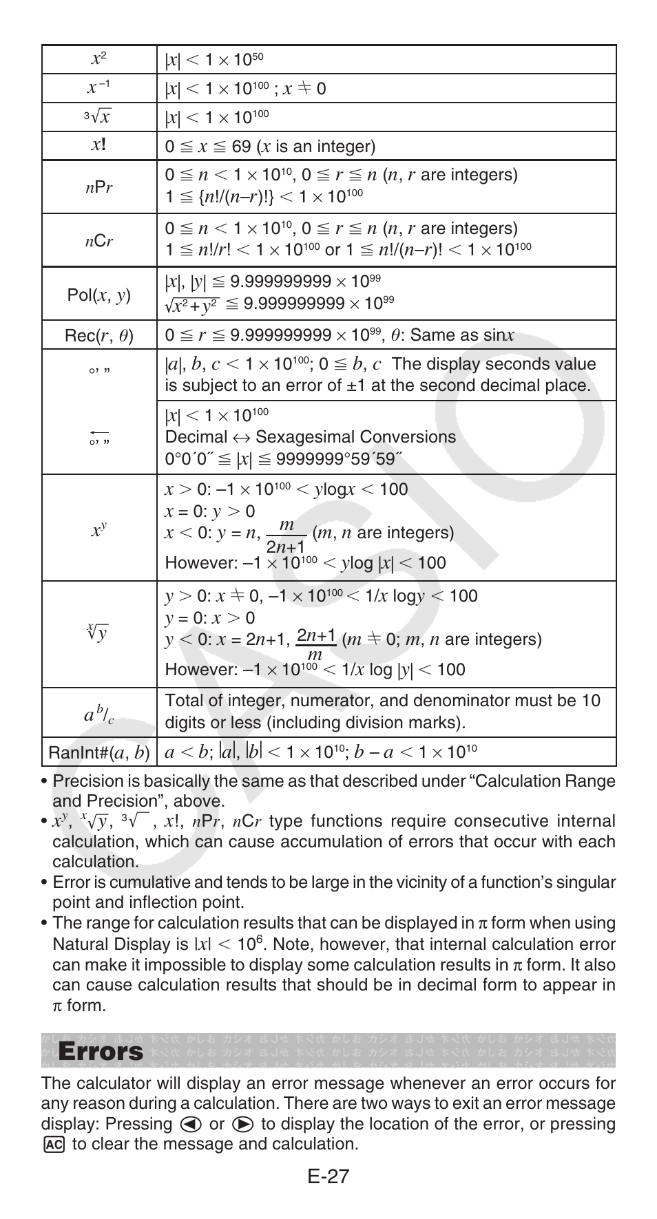 Errors, E-27 x | Casio FX-300ESPLUS User Manual | Page 28 / 32