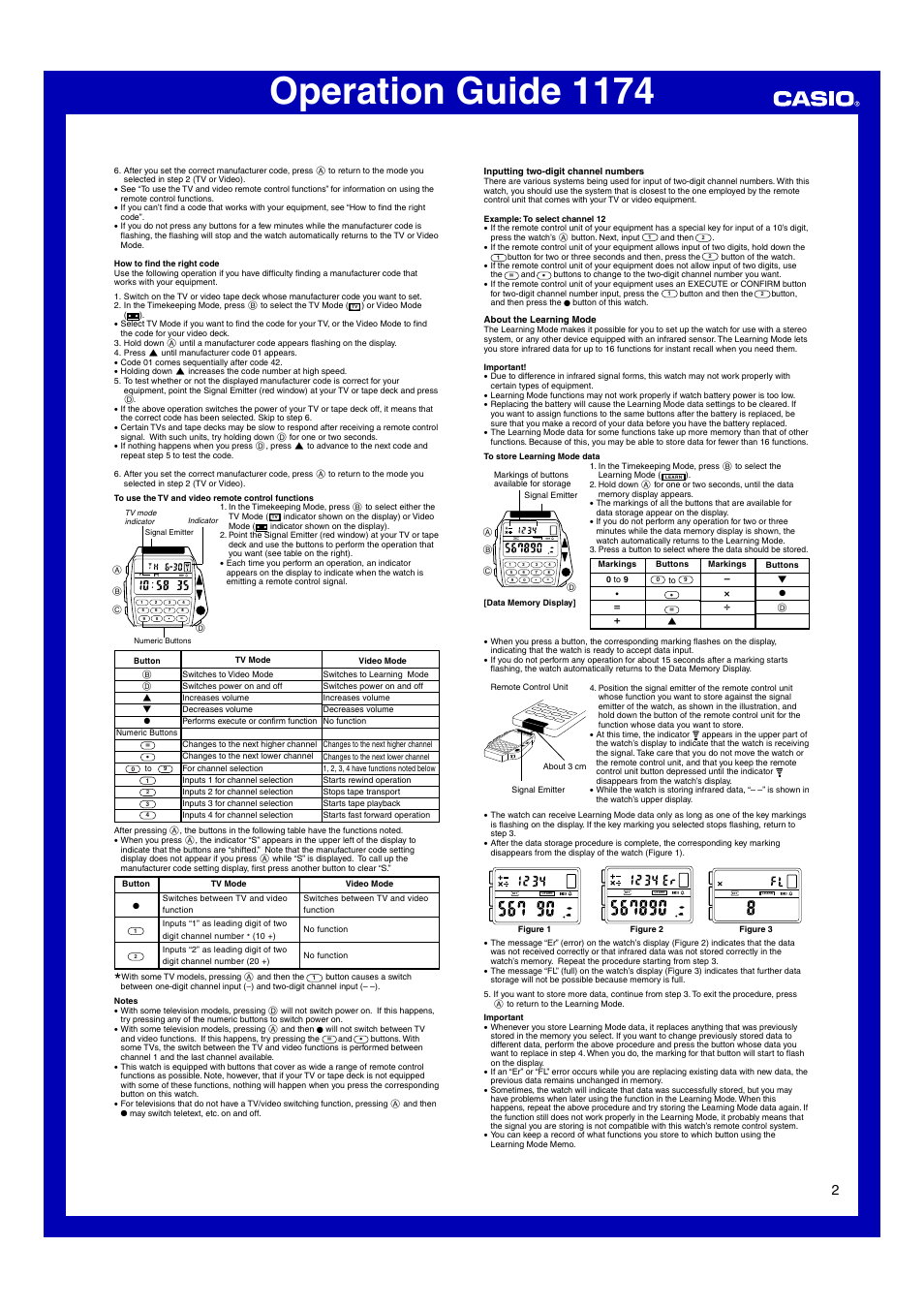 Operation guide 1174, Set learn | Casio 1174 User Manual | Page 2 / 4