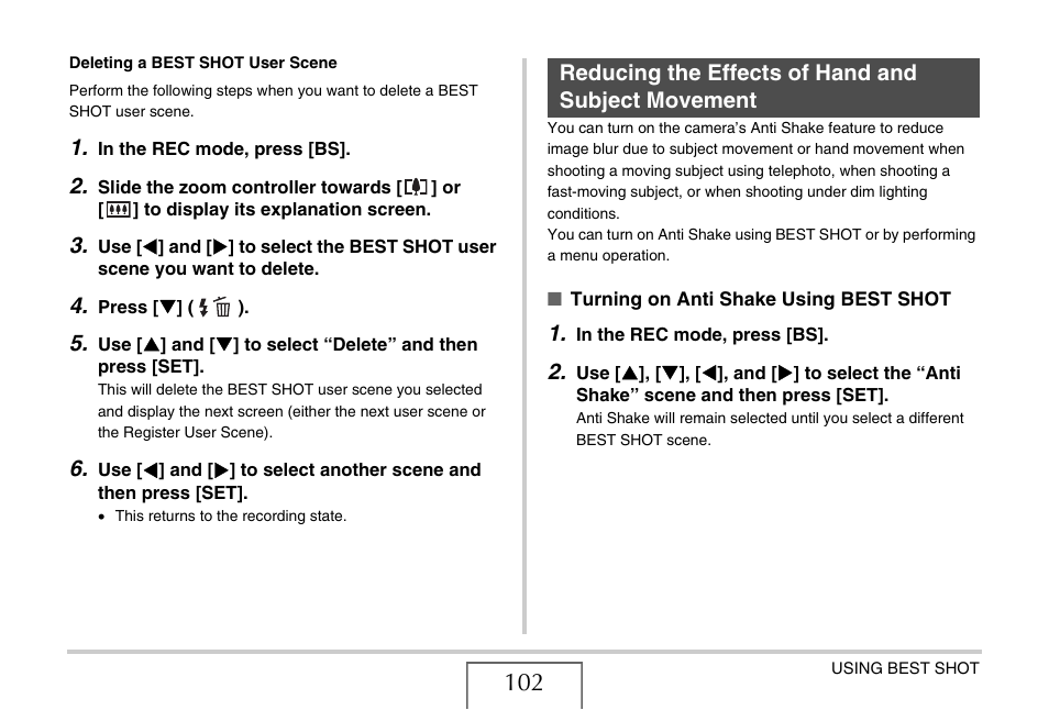 Reducing the effects of hand and subject movement, Ge 102) | Casio EXILIM EX-Z1080 User Manual | Page 102 / 267