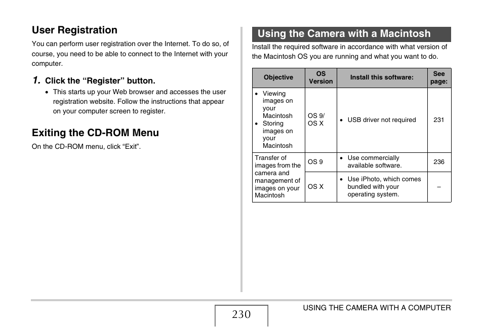 User registration, Exiting the cd-rom menu, Using the camera with a macintosh | E 230, Using the camera with a, Macintosh” o, Ge 230 | Casio EXILIM EX-Z1080 User Manual | Page 230 / 267