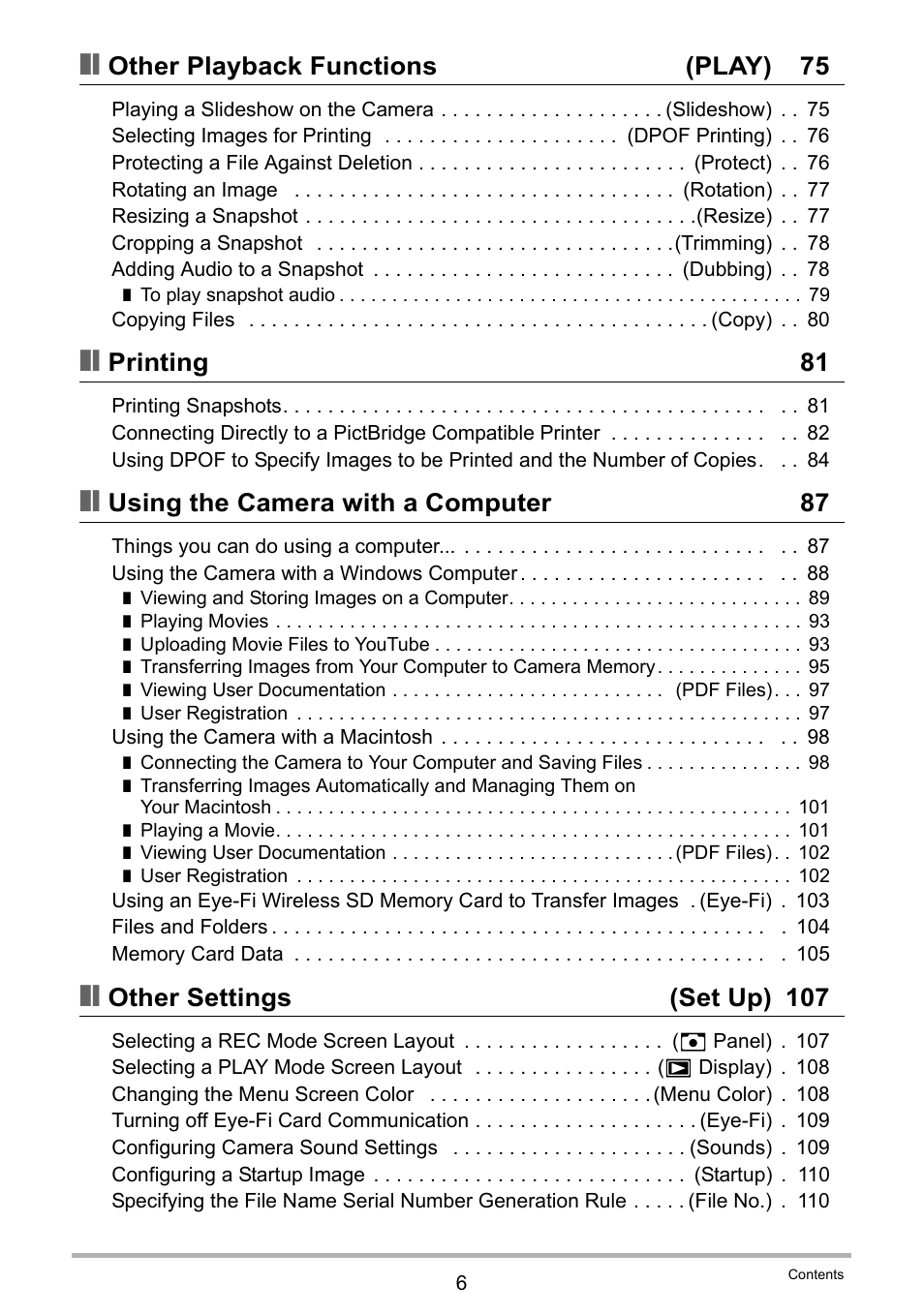 Other playback functions (play) 75, Printing 81, Using the camera with a computer 87 | Other settings (set up) 107 | Casio EXILIM EX-Z1 User Manual | Page 6 / 148