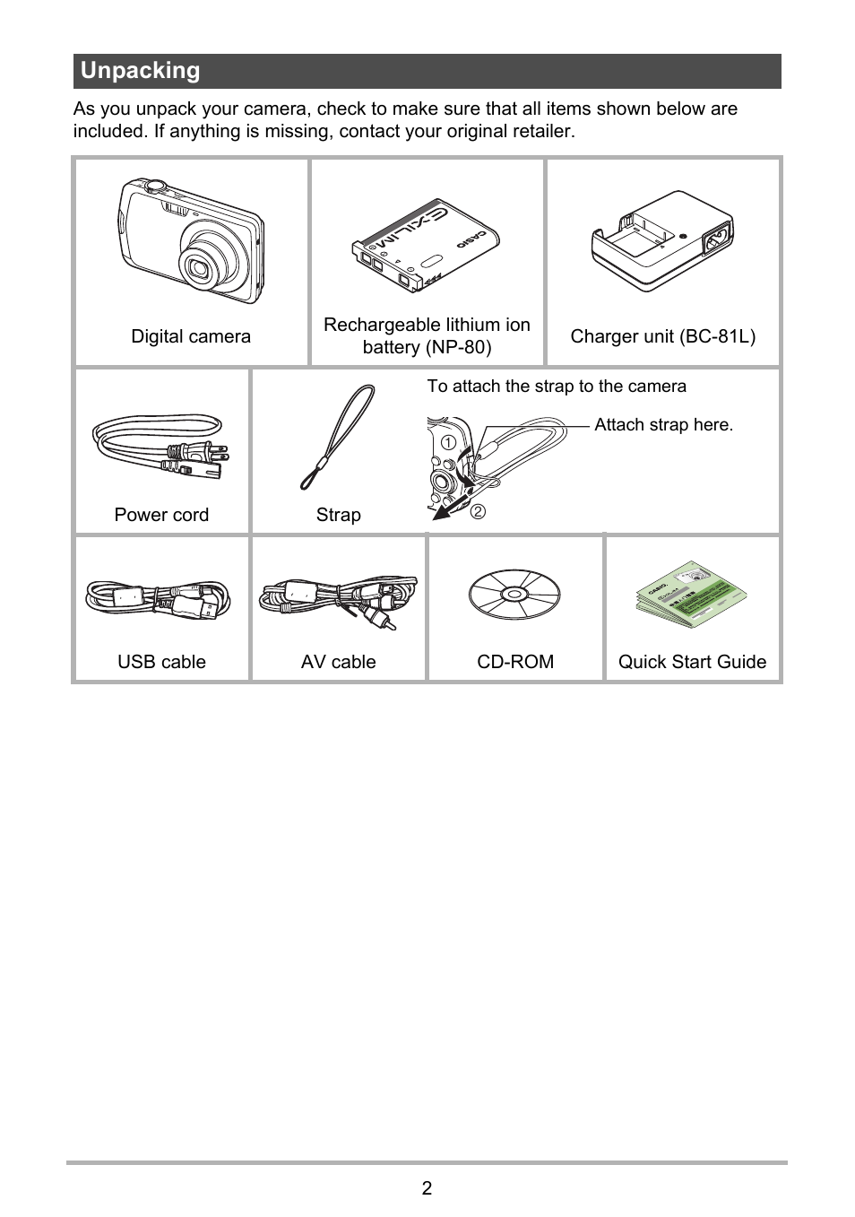 Unpacking | Casio EXILIM EX-S7 User Manual | Page 2 / 194