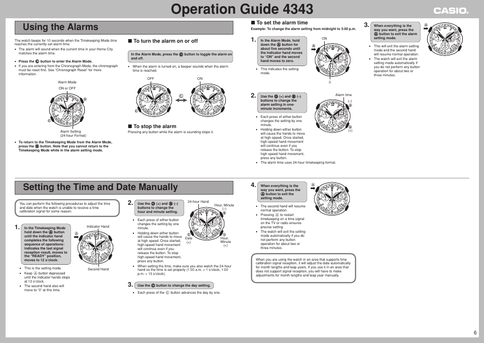 Using the alarms, Setting the time and date manually, Operation guide 4343 | Casio 4343 User Manual | Page 6 / 7