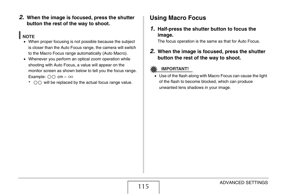 Using macro focus, Using macro focus 1 | Casio EX-V7 User Manual | Page 115 / 276