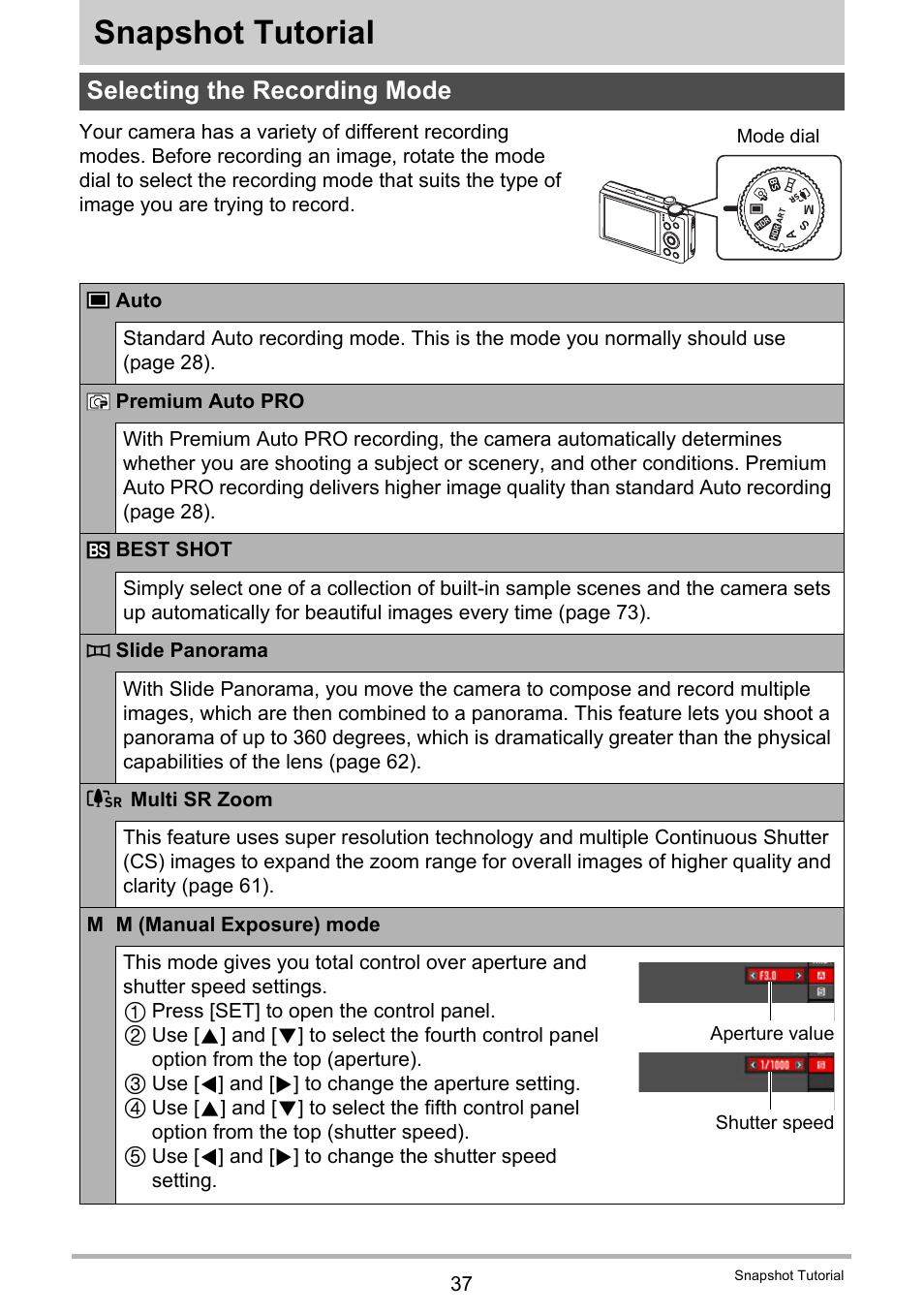 Snapshot tutorial, Selecting the recording mode | Casio EXILIM EX-ZR200 User Manual | Page 37 / 201