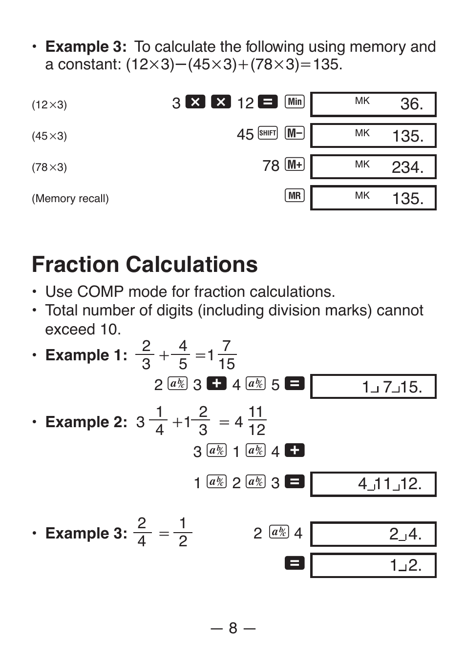 Fraction calculations | Casio FX-82SX User Manual | Page 10 / 35