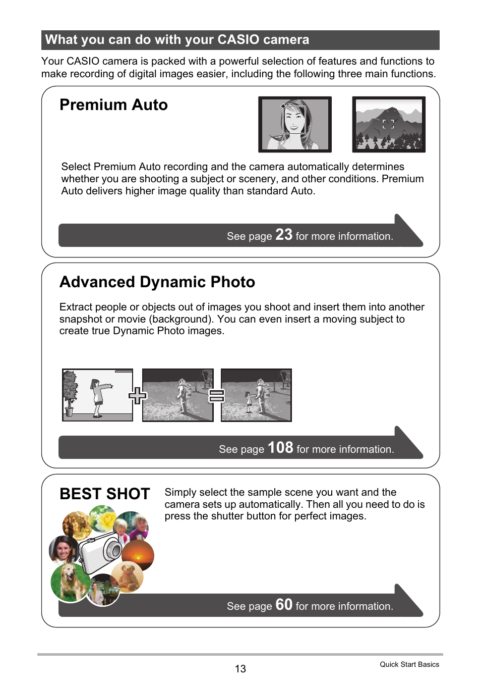 What you can do with your casio camera, Premium auto best shot, Advanced dynamic photo | Casio EXILIM EX-H30 User Manual | Page 13 / 196
