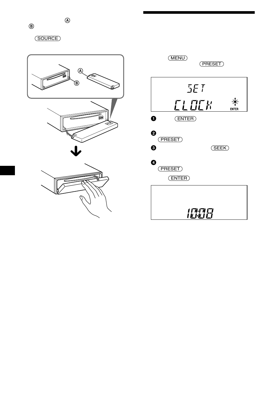 Ajuste del reloj, 1 pulse (enter), 3 pulse el lado (+) de (seek) | 2 pulse (enter) | Sony CDX-L550 User Manual | Page 32 / 146
