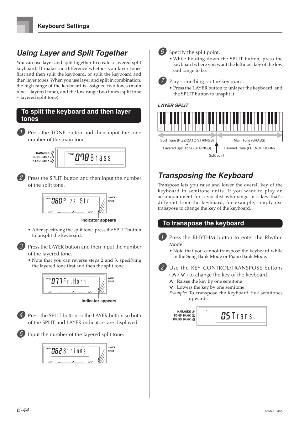 Transposing the keyboard, Using layer and split together, F r . h o n r | Casio LK94TV User Manual | Page 46 / 69
