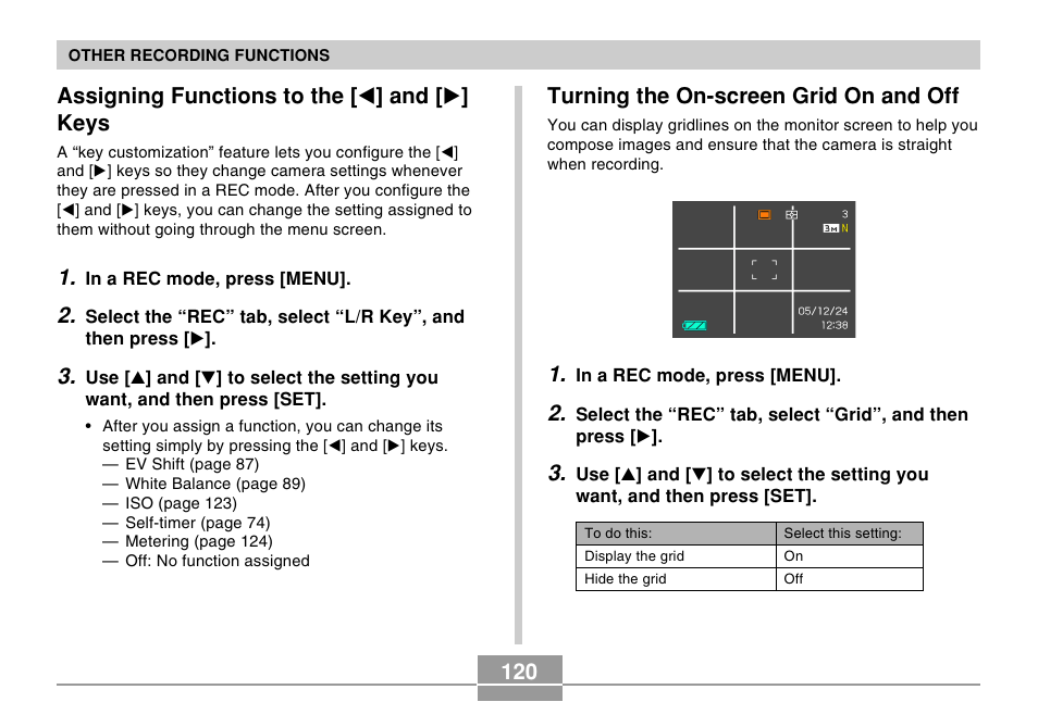 Assigning functions to the [<] and [>] keys, Turning the on-screen grid on and off, Assigning functions to the [ ̇ ] and [ ̈ ] keys | Casio EX-Z120 User Manual | Page 120 / 242