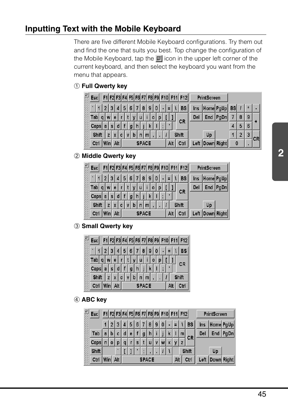Inputting text with the mobile keyboard | Casio MPC-501 User Manual | Page 45 / 126