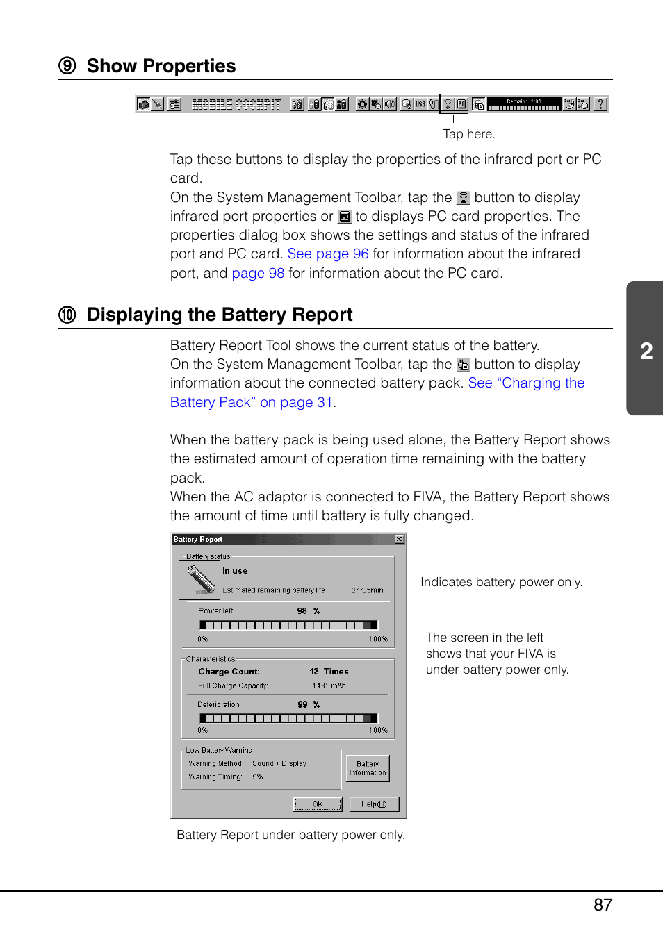 9 show properties 0 displaying the battery report, 99 show properties, 00 displaying the battery report | Casio MPC-501 User Manual | Page 87 / 126
