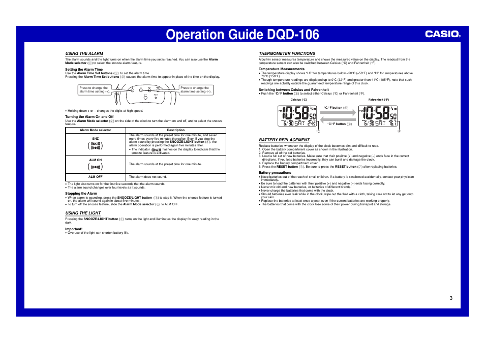 Using the alarm, Using the light, Thermometer functions | Battery replacement, Operation guide dqd-106 | Casio DQD-106 User Manual | Page 3 / 3