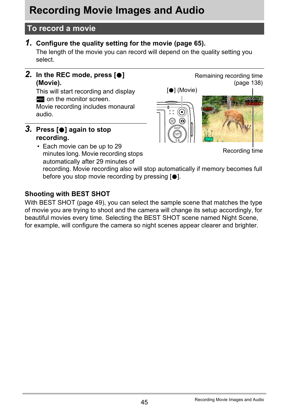 Recording movie images and audio, To record a movie | Casio EXILIM EX-Z35 User Manual | Page 45 / 143