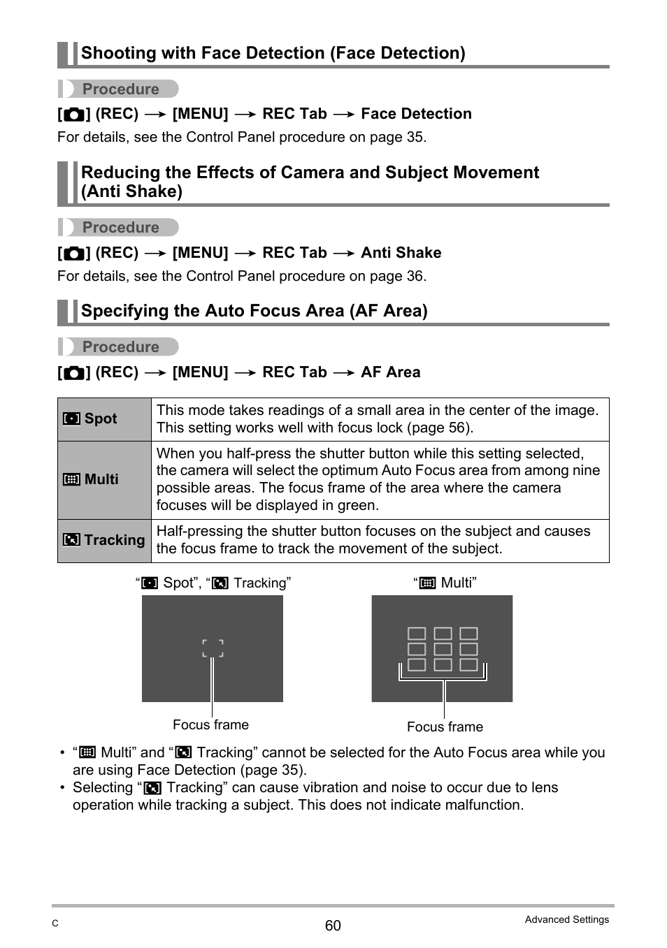 Shooting with face detection (face detection), Specifying the auto focus area (af area) | Casio EXILIM EX-Z35 User Manual | Page 60 / 143