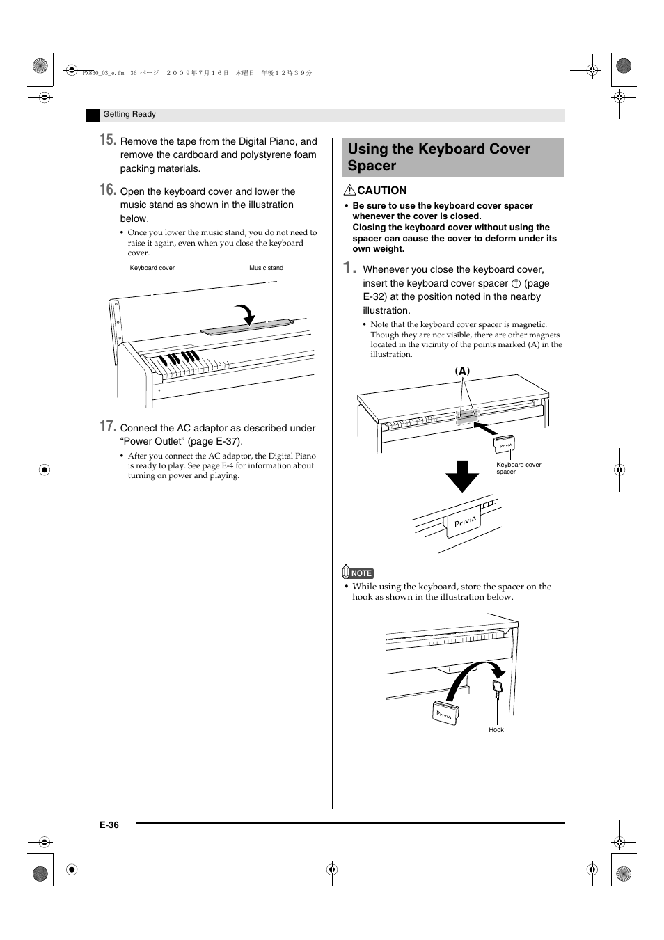 Using the keyboard cover spacer | Casio PX830ES1B User Manual | Page 38 / 47