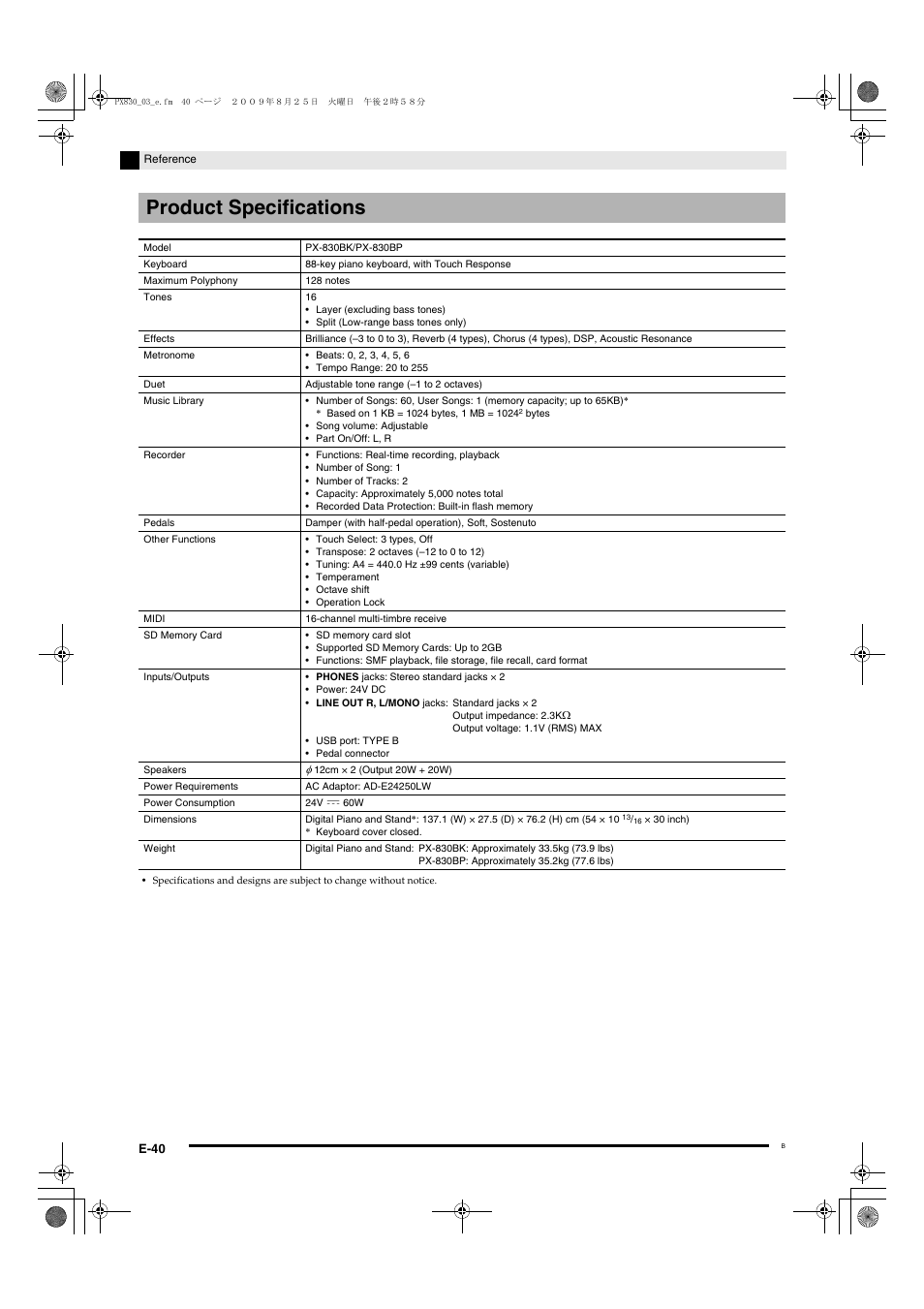 Product specifications | Casio PX830ES1B User Manual | Page 42 / 47