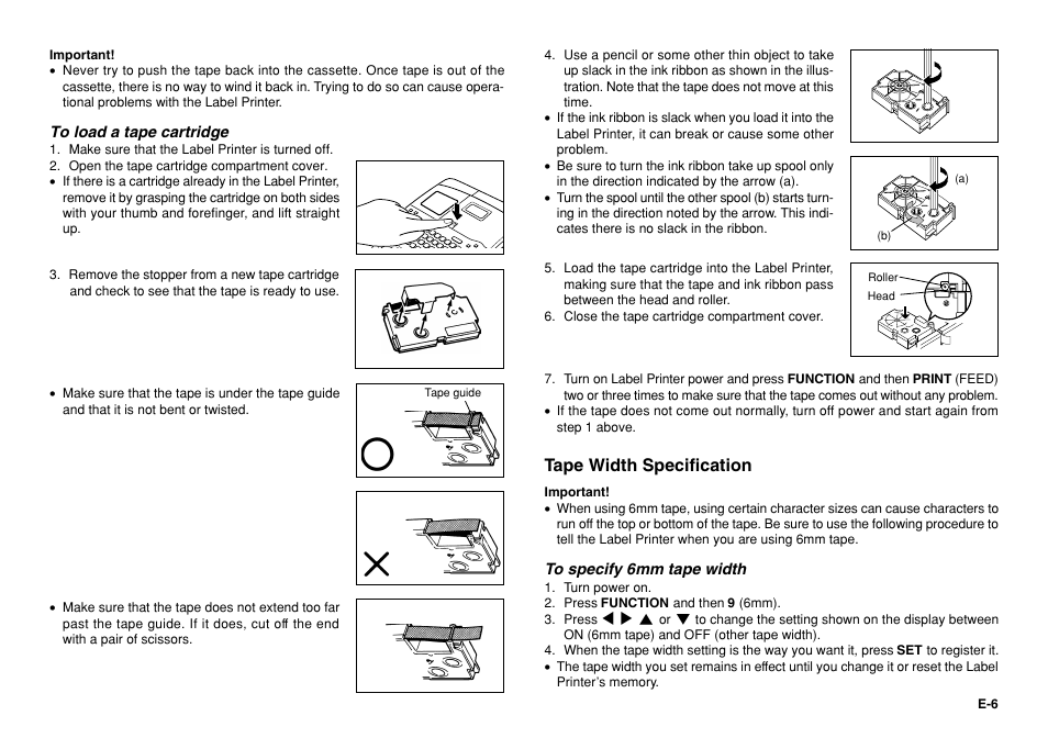 Tape width specification | Casio KL-750 User Manual | Page 7 / 19