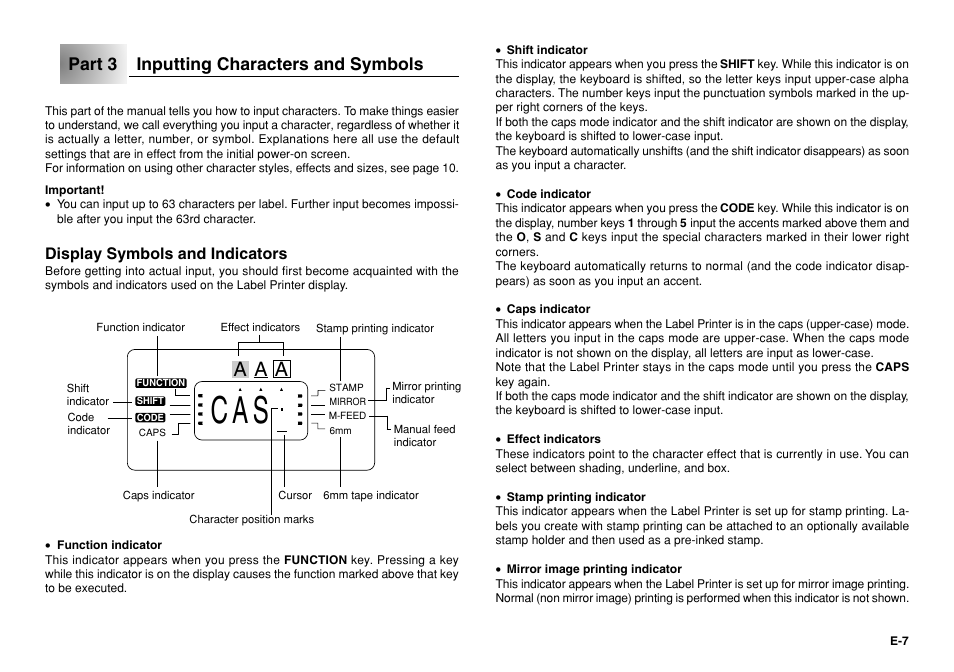 A a a, Part 3 inputting characters and symbols, Display symbols and indicators | Casio KL-750 User Manual | Page 8 / 19