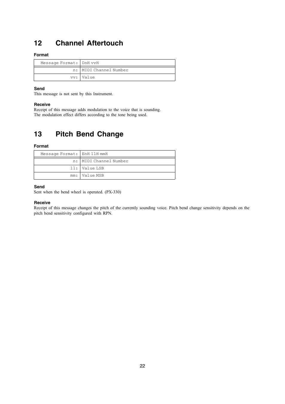 12 channel aftertouch, 13 pitch bend change | Casio PX-330 User Manual | Page 22 / 48