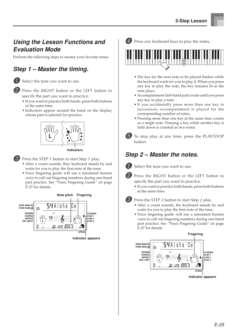 Using the lesson functions and evaluation mode, Step 1 – master the timing | Casio LK-215 User Manual | Page 27 / 59