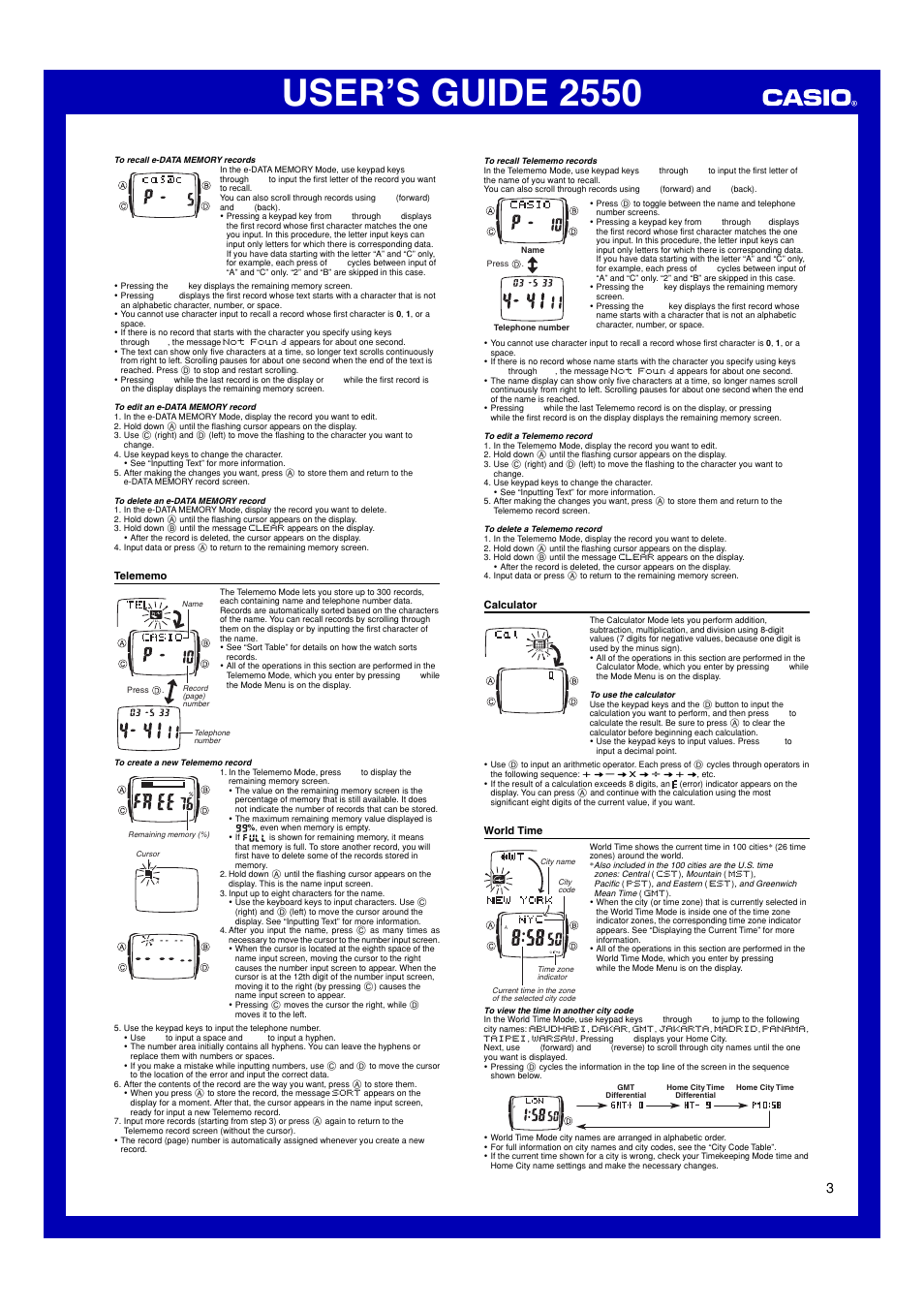 Telememo, Calculator, World time | User’s guide 2550 | Casio 2550 User Manual | Page 3 / 6