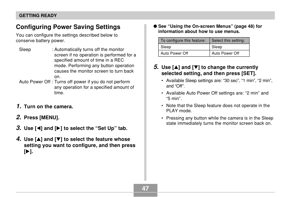 Configuring power saving settings, 47 configuring power saving settings | Casio EX-Z850 User Manual | Page 47 / 279