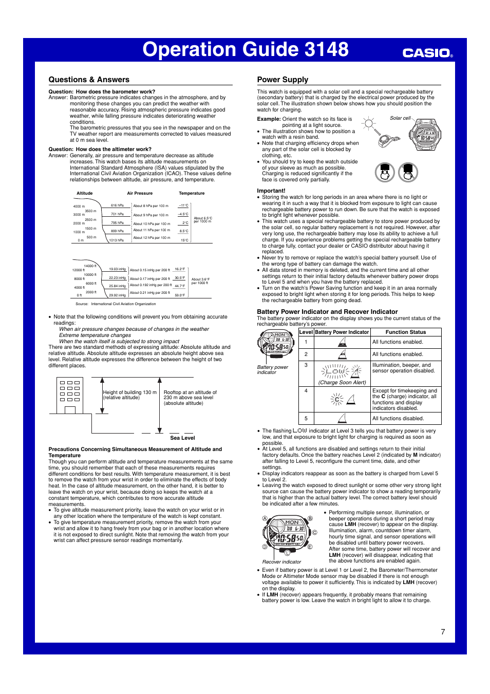 Questions & answers, Power supply, Operation guide 3148 | Battery power indicator and recover indicator | Casio 3148 User Manual | Page 7 / 10