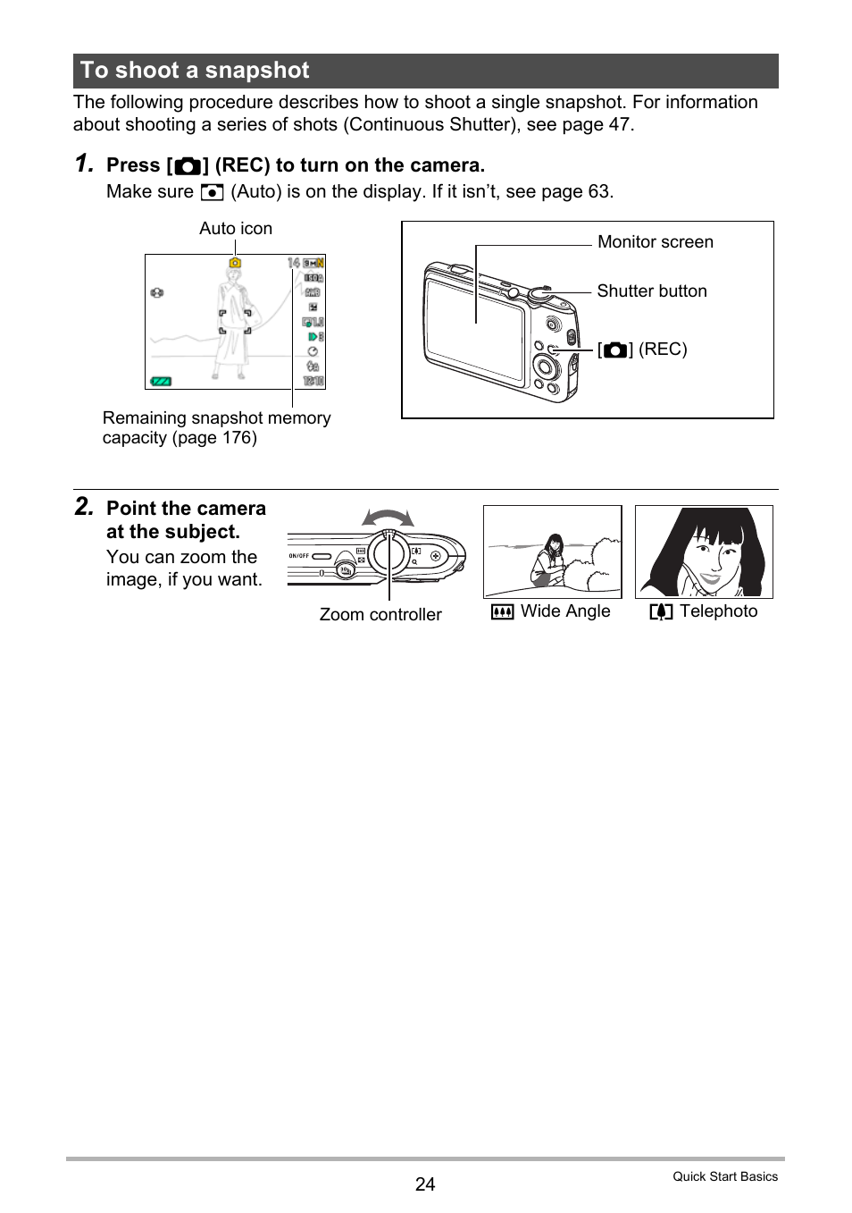 To shoot a snapshot | Casio EX-FS10 User Manual | Page 24 / 184