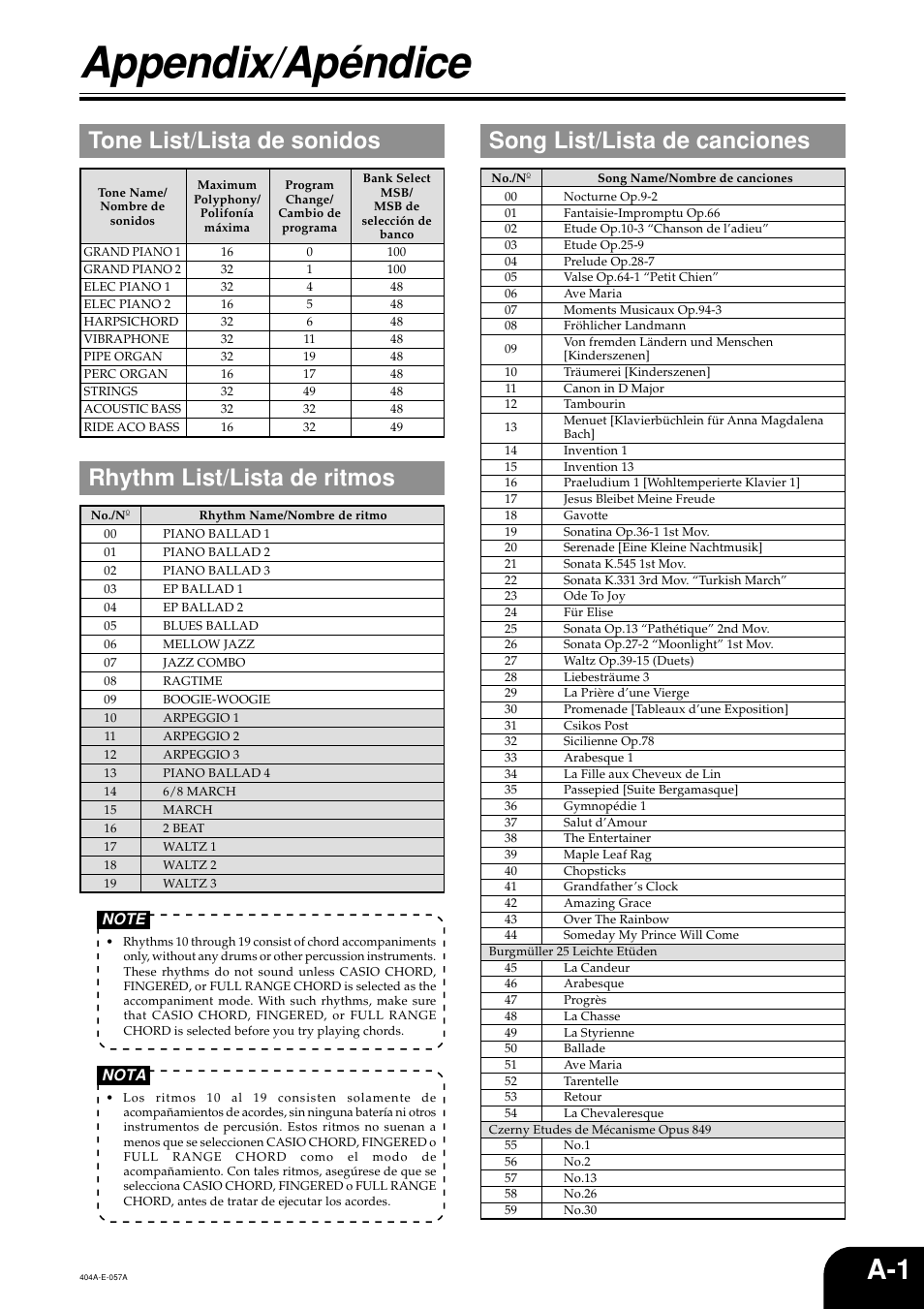 Appendix/apéndice, Tone list/lista de sonidos, Nota | Casio PX110 User Manual | Page 29 / 32