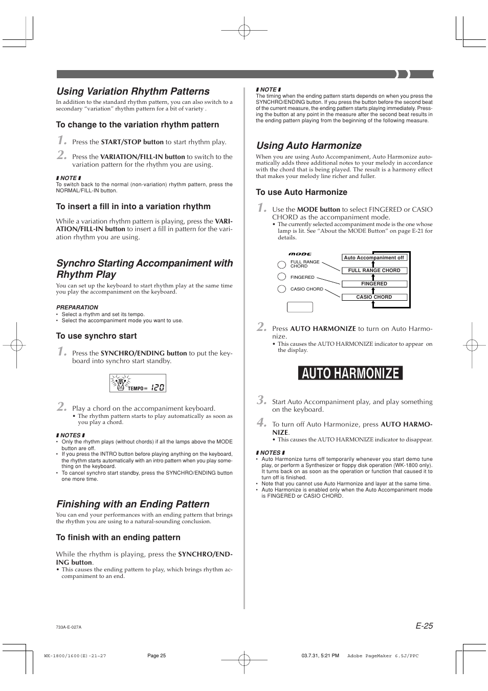 Using auto harmonize, Using variation rhythm patterns, Synchro starting accompaniment with rhythm play | Finishing with an ending pattern | Casio WK1800 User Manual | Page 27 / 96