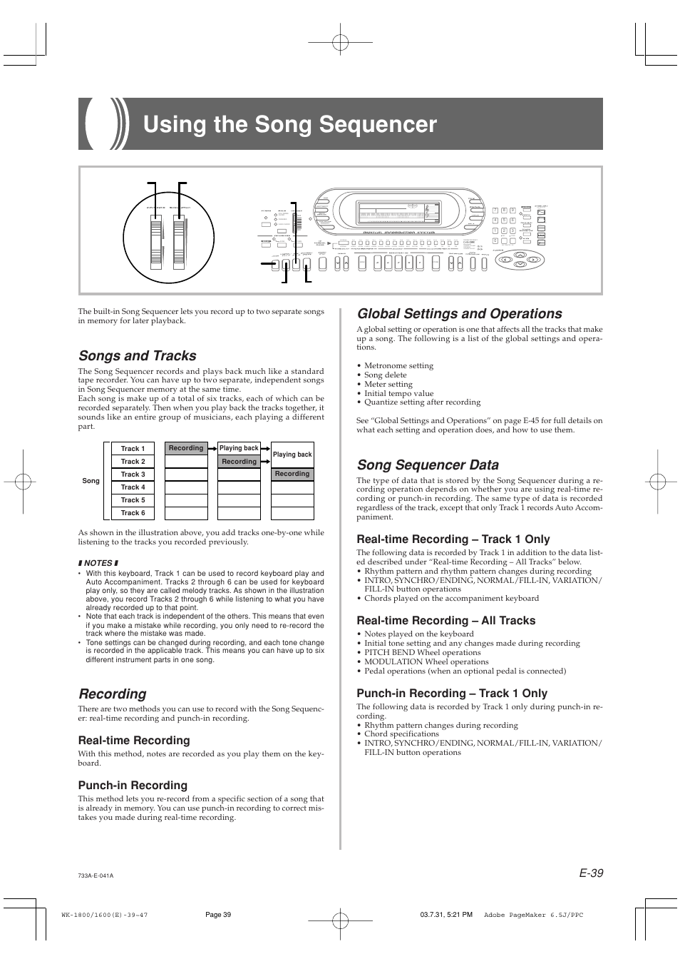 Using the song sequencer, Songs and tracks, Recording | Global settings and operations, Song sequencer data, E-39, Real-time recording, Punch-in recording, Real-time recording – track 1 only, Real-time recording – all tracks | Casio WK1800 User Manual | Page 41 / 96