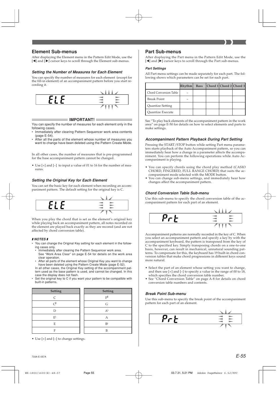E-55 element sub-menus, Part sub-menus | Casio WK1800 User Manual | Page 57 / 96
