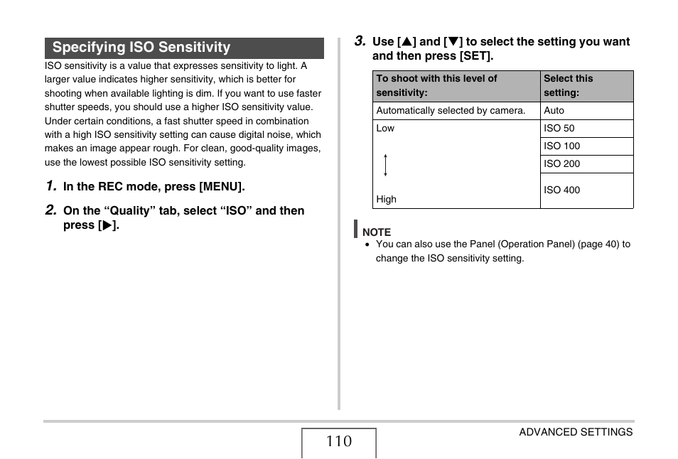 Specifying iso sensitivity, E 110) | Casio YC-430 PJ User Manual | Page 110 / 248
