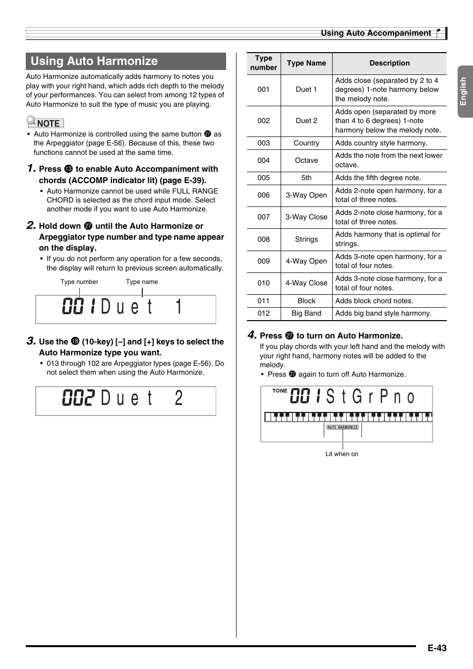 D u e t, Using auto harmonize | Casio WK210ES1A User Manual | Page 45 / 75