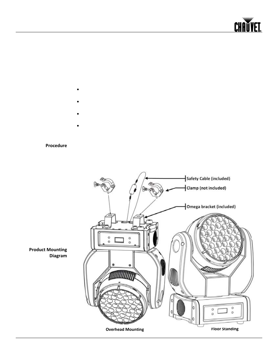 Mounting, Setup, Orientation | Rigging, Procedure, Product mounting diagram | Chauvet Q-WASH 260-LED User Manual | Page 12 / 27