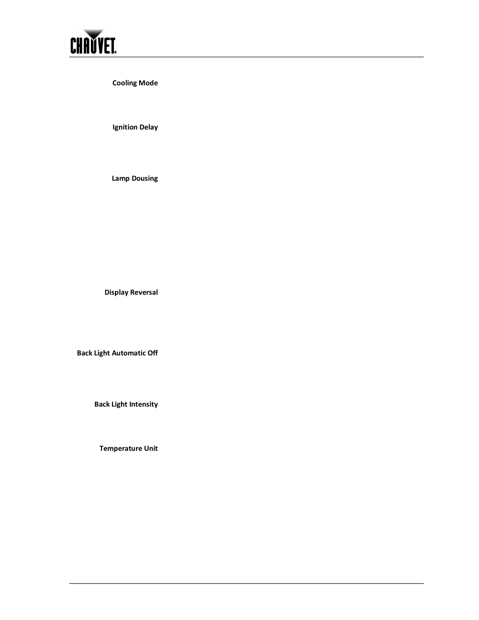 Display settings, Fixture tests, Operation | Cooling mode, Ignition delay, Lamp dousing, Display reversal, Back light automatic off, Back light intensity, Temperature unit | Chauvet LEGEND 1200E User Manual | Page 19 / 30