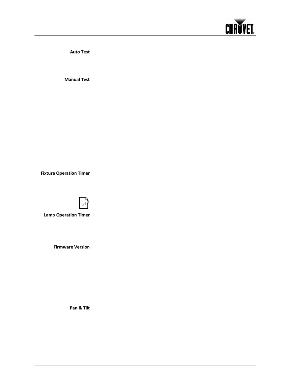 Fixture information, Fixture reset, Operation | Auto test, Manual test, Fixture operation timer, Lamp operation timer, Firmware version, Pan & tilt | Chauvet LEGEND 1200E User Manual | Page 20 / 30